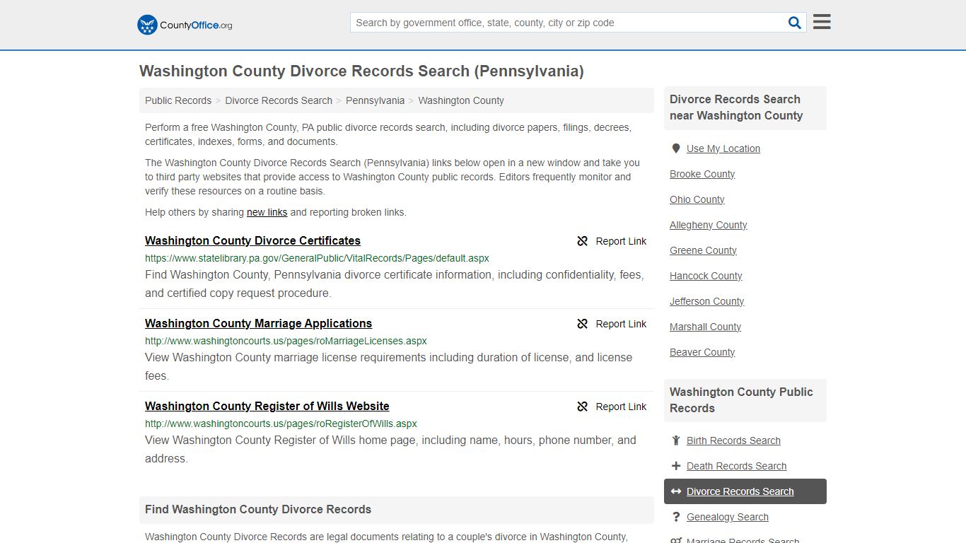 Washington County Divorce Records Search (Pennsylvania) - County Office