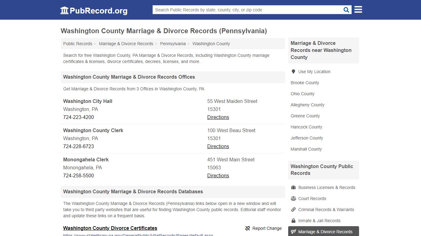 Washington County Marriage & Divorce Records (Pennsylvania)