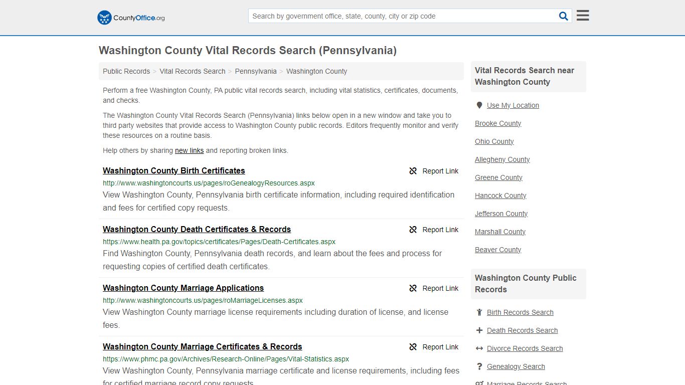 Washington County Vital Records Search (Pennsylvania) - County Office